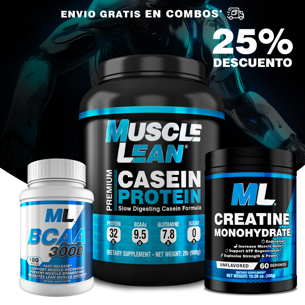 COMBO PROTEINA CASEINA + CREATINA + AMINOÁCIDOS BCAA - 25% DE DESCUENTO + ENVÍO GRATIS