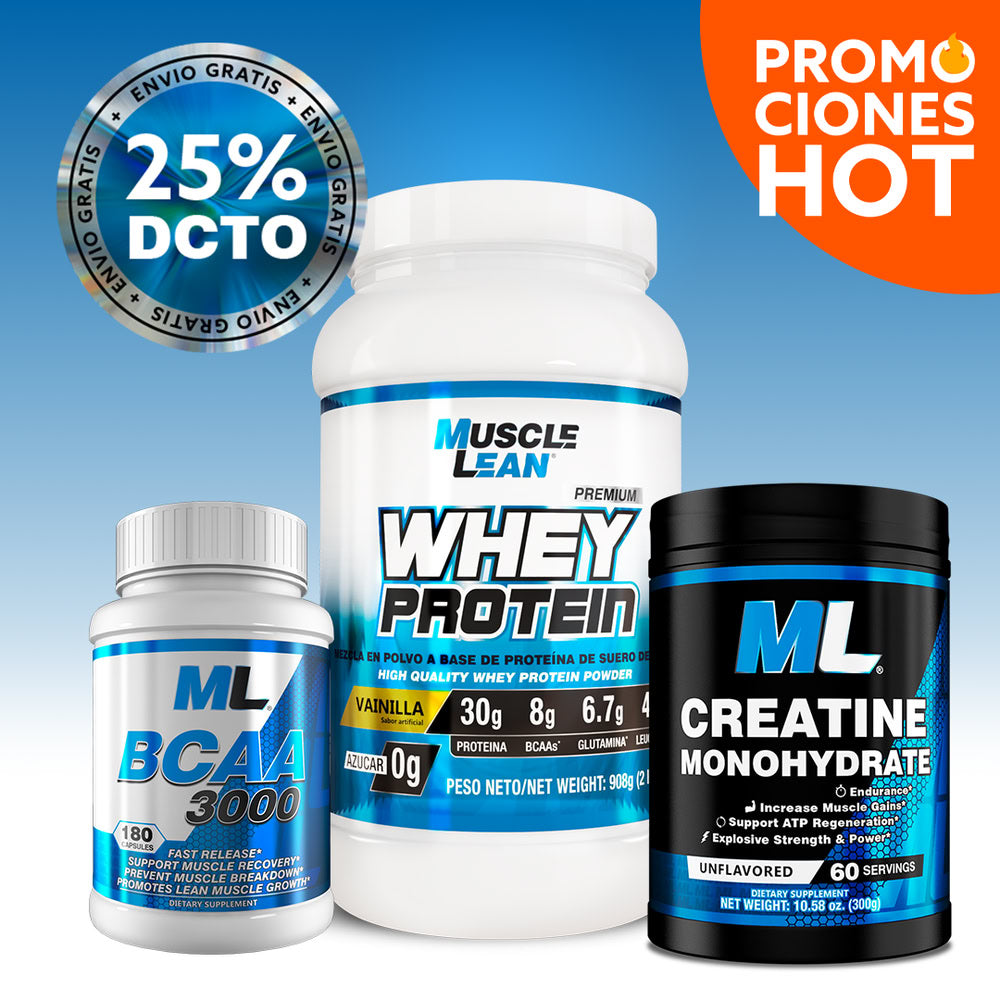 COMBO WHEY 2 LBS + CREATINA + AMINOÁCIDOS BCAA + ¡ENVIO GRATIS!