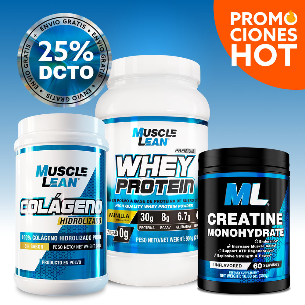 COMBO WHEY 2 LBS + CREATINA + COLÁGENO + ¡ENVIO GRATIS!